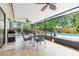 Outdoor patio features a ceiling fan, furniture, and view of the pool at 3714 Village Estates Pl, Tampa, FL 33618
