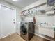 Well-equipped laundry room with modern washer, dryer, storage shelves, and utility sink at 3932 Watson Dr, New Port Richey, FL 34655