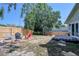 Charming backyard with a fire pit, wooden fence, and lush greenery, perfect for outdoor enjoyment at 506 Summerwood Ct, Tarpon Springs, FL 34689
