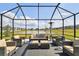 Screened patio featuring comfortable outdoor seating, perfect for entertaining guests at 9287 Crescent Ray Dr, Wesley Chapel, FL 33545