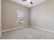 Carpeted bedroom with a ceiling fan and a window providing ample natural light at 19400 Roseate Dr, Lutz, FL 33558