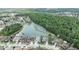 Aerial view of homes by a lake surrounded by lush greenery and forest in a peaceful neighborhood at 29542 Forest Glen Dr, Wesley Chapel, FL 33543
