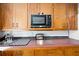 Kitchen counter with wooden cabinets, microwave and small appliances. ready for culinary creations at 36601 Roberts Rd, Dade City, FL 33525