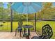 Cozy screened patio with ornate metal furniture and a refreshing blue umbrella for relaxing outdoor living at 4180 Jacaranda Cir, Brooksville, FL 34604