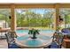Covered patio featuring a dining table and chairs, offering serene views of a private swimming pool and lush backyard at 4180 Jacaranda Cir, Brooksville, FL 34604