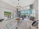 Living room with a sliding glass doors to outdoor patio with a view of a lake at 4300 Barletta Ct, Wesley Chapel, FL 33543