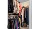 Full walk-in closet with rods and shelves packed with clothing and shoes for ample storage at 5520 Terrain De Golf Dr, Lutz, FL 33558