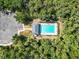 Overhead drone shot of community pool surrounded by tropical landscaping and parking area at 616 Wheaton Trent Pl, Tampa, FL 33619