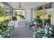 Screened in patio with ceiling fan, seating and views to the backyard at 8712 Ashbury Dr, Hudson, FL 34667