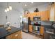 Modern kitchen boasts stainless steel appliances, ample cabinet space, and black countertops at 11227 Moultrie Pl, Tampa, FL 33625