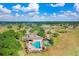 Aerial view showcasing a sparkling community pool, tennis courts, and lush landscaping under a blue sky at 1177 Emerald Hill Way, Valrico, FL 33594