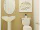 Elegant half bathroom featuring a pedestal sink, decorative art, and modern fixtures at 12054 Violet Jasper Dr, Parrish, FL 34219