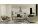 Open living space with kitchen in the background, modern furniture, area rug, and neutral color palette at 12062 Violet Jasper Dr, Parrish, FL 34219