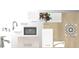 A design board showcases kitchen and bath finishes with white cabinets and stainless steel fixtures at 1643 Springwell Ln, Sarasota, FL 34240
