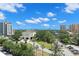 Wide aerial view showcasing building in the distance with bright blue skies and scattered clouds at 700 Beach Ne Dr # 803, St Petersburg, FL 33701