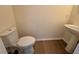 Powder room features sleek fixtures, modern toilet, and pedestal sink on wood-look floor at 13506 Copper Belly Ct, Riverview, FL 33569