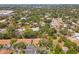 An aerial perspective of a neighborhood, highlighting residential buildings amidst lush tree coverage at 2640 Woodgate Ln # F6, Sarasota, FL 34231