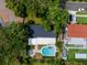 Overhead view of home with pool, patio, and beautifully landscaped yard, nestled in a serene neighborhood at 2662 Oakbrook Dr, Largo, FL 33770