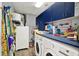 Well-organized laundry room with blue cabinets, a washer, a dryer, and ample counter space at 3060 55Th N Ave, St Petersburg, FL 33714