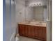 Bathroom featuring double sink vanity, a large mirror, and wood cabinets at 8531 Trail Wind Dr, Tampa, FL 33647