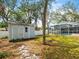Backyard view of the shed, pool, and surrounding greenery at 10206 N Hyaleah Rd, Tampa, FL 33617