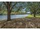 Lush backyard with mature trees that provide shade, a tranquil lake view, and a relaxing spot to sit by the water at 10506 Sky Flower Ct, Land O Lakes, FL 34638