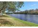 Beautiful waterfront view featuring lush green grass and mature trees, showcasing the home's serene setting at 10506 Sky Flower Ct, Land O Lakes, FL 34638