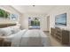 Spacious main bedroom with backyard and pool view, light wood furniture at 1141 80Th Street S Ct, St Petersburg, FL 33707