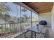 Relaxing screened porch featuring an outdoor table, grill, and scenic views of palm trees at 29 Seagrape Cir, Clearwater, FL 33759