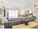 Open-concept living room flowing into a kitchen, featuring hardwood floors and a cozy atmosphere at 4689 Wandering Way, Wesley Chapel, FL 33544