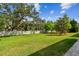 Expansive backyard bordered by mature trees and a privacy wall, offering ample green space at 612 Ozona Village Dr, Palm Harbor, FL 34683
