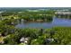 Stunning aerial view showcasing a lake surrounded by lush greenery and several homes at 6341 Discovery Ln, Land O Lakes, FL 34638