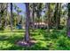View of the backyard with the home, shed, kayaks, and trees from the ground-level at 6341 Discovery Ln, Land O Lakes, FL 34638