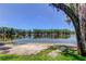 Lake view on a clear day with blue skies, a sandy beach, and a green garden hose at 6341 Discovery Ln, Land O Lakes, FL 34638