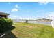 Spacious backyard with green grass, a white fence, and a serene lake view, perfect for outdoor enjoyment at 11760 Winterset Cove Dr, Riverview, FL 33579