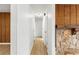 Hallway with wood floors, wood accent wall, and multiple doors at 12514 Avery Rd, Thonotosassa, FL 33592
