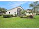Landscaped backyard featuring a covered patio, lush lawn, and palm trees at 3023 Bent Creek Dr, Valrico, FL 33596