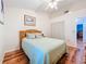 Bedroom features wood flooring, ceiling fan, natural light, and closet at 3078 Pointer Dr, Palm Harbor, FL 34683