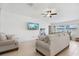 The well lit living room offers a comfortable seating area and a mounted television at 35029 Brackett Bnd, Zephyrhills, FL 33541