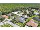 Aerial shot showcasing a house with screened pool, landscaping, and neighborhood views at 3982 Wellington Pkwy, Palm Harbor, FL 34685