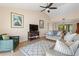 Inviting living room featuring a neutral color palette, ceiling fan, and access to the outdoors at 7540 Sunshine Skyway S Ln # 219, St Petersburg, FL 33711
