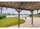 Covered patio with view of lawn, waterfront, and swimming pool, perfect for outdoor enjoyment at 11340 5Th E St, Treasure Island, FL 33706