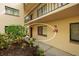 Condo building exterior with a red door, window, and lush, green landscaping at 11708 Raintree Village Blvd # A, Temple Terrace, FL 33617