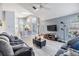Open-concept living room, kitchen featuring vaulted ceilings, neutral paint, and skylights at 18013 Palm Breeze Dr, Tampa, FL 33647