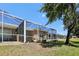 View of the backyard featuring the screened in lanai, mature landscaping, and green grass at 19129 Lake Audubon Dr, Tampa, FL 33647