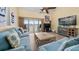 Cozy living room with a fireplace, balcony access and stylish beach decor at 2511 Bay Blvd # B, Indian Rocks Beach, FL 33785