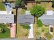 Bird's eye view displays home's position, roof, driveway, and the surrounding fenced yard within the neighborhood at 4940 Rosedale Ln, Holiday, FL 34690