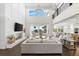 Bright living room with a fireplace and floor-to-ceiling windows, offering stunning water views at 885 Seaview Cir # 20, Crystal Beach, FL 34681