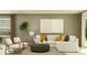 Cozy living room has a sectional sofa with mustard pillows, modern art, and two modern armchairs at 11845 Sparkling Topaz Cv, Parrish, FL 34219