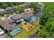 Aerial backyard view with pool and caged patio, surrounded by mature trees and lush landscaping, offering privacy at 12935 Solola Way, Trinity, FL 34655
